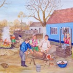 Na obraze Jána Strakúšeka z roku 1983 je ukážka domácej zakáľačky